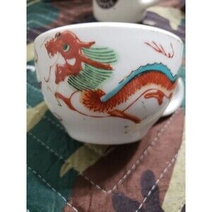 Vintage Chinese Porcelain Tea Cup / Small Bowl – Hand-Painted Red Dragon & Turqu